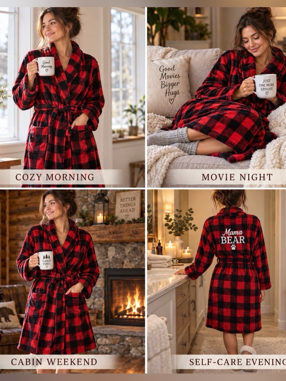 Let’s Get Cozy Mama Bear Buffalo Plaid Robe‎ Comfort Lounging Women Size S/ M